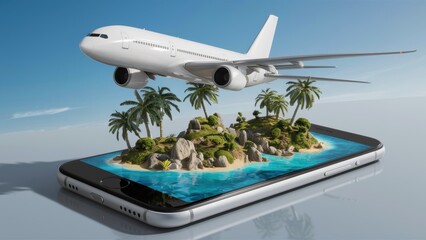 A white plane flying over a miniature tropical island that appears on the smartphone screen. There...