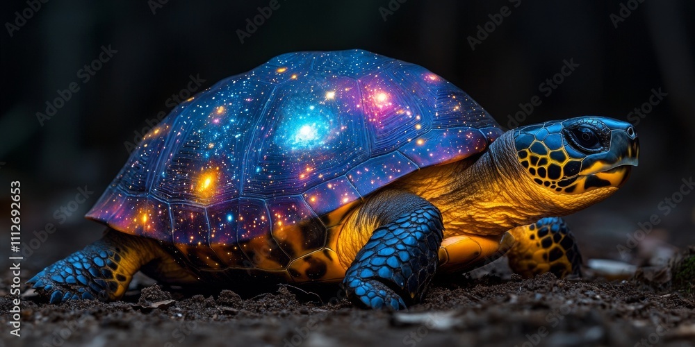 Poster galactic turtle, a turtle with a vibrant galaxy-patterned shell, showcasing cosmic colors and celest