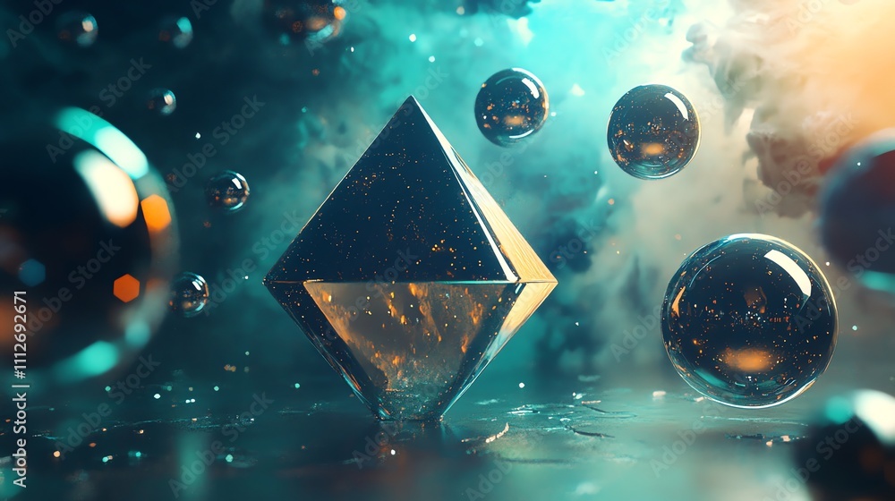 Poster abstract, futuristic background with a glowing pyramid and floating spheres.
