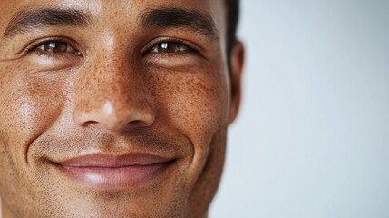 Fototapeta premium Close-up of an Asian young man showing even-toned, glowing skin while smiling softly on a white backdrop.