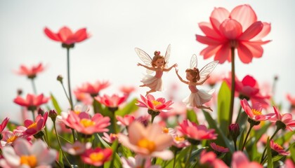 Two fairies dance amidst a field of pink cosmos flowers under a bright sky.