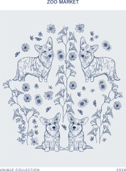 Poster, corgi dog and flowers blue ink	