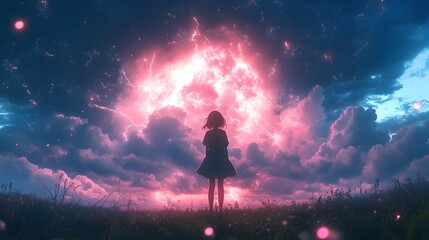 Fototapeta premium Silhouette of a young girl against a vibrant, surreal sky filled with pink clouds.