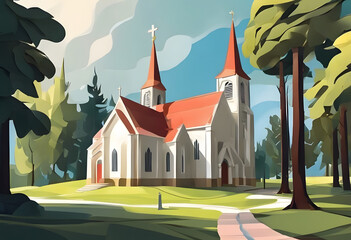 Naklejka premium A stylized illustration of a church with two tall spires, surrounded by trees and a clear blue sky. The church features a white facade with red roofs and a pathway leading to it.