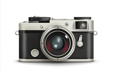 A vintage film camera with a sleek black body and silver accents sits on a white background. The minimalist setting highlights its timeless design and nostalgic appeal for photography enthusiast