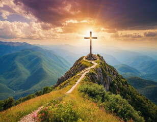 Catholic cross above beautiful natural mountain landscape, illuminated by heavenly light, which symbolizes faith, divine presence, truth, spiritual enlightenment, God's love and grace