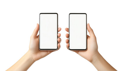 Dual phones comparison, hands holding blank screens, isolated white background, minimalist technology display Isolated on white background or PNG