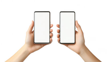 Dual phones comparison, hands holding blank screens, isolated white background, minimalist technology display Isolated on white background or PNG