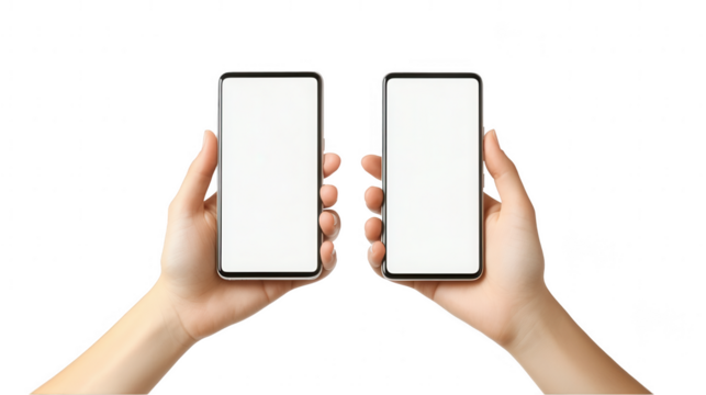 Dual phones comparison, hands holding blank screens, isolated white background, minimalist technology display Isolated on white background or PNG