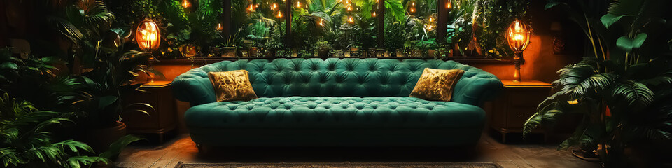 Obraz premium Elegant teal vintage sofa surrounded by lush greenery and warm lighting, perfect for home decor, wall art, or interior design inspiration.
