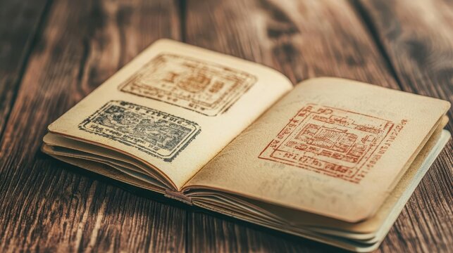 Closeup of passport stamps from various countries, vibrant and diverse