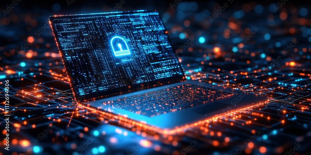 Poster digital security concept with glowing laptop displaying lock symbol amid data streams in a futuristi