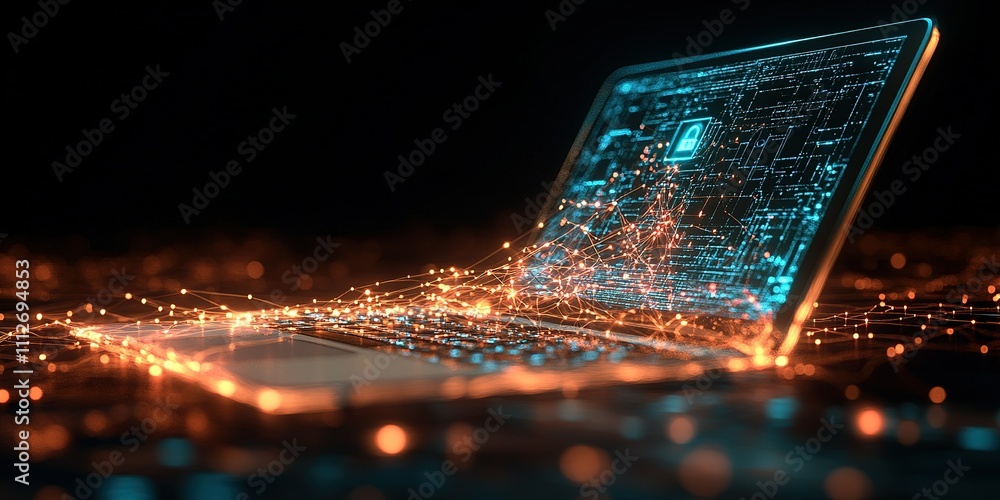 Poster digital security concepts with a glowing laptop displaying cybersecurity symbols in a dark environme