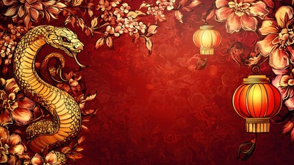 Fototapeta premium Festive Chinese New Year 2025 scene with a golden snake, lanterns, and floral patterns on a rich red background.