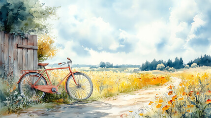 Fototapeta premium Vintage Bicycle on a Country Road in a Summer Landscape watercolor illustration