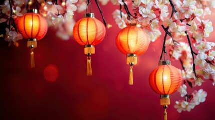 Obraz premium Festive Chinese New Year 2025 theme with a decorative snake, glowing lanterns, and detailed flowers on a deep red background.
