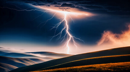 Powerful lightning bolts striking the night sky and casting vivid light on the landscape. Generative AI