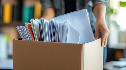 A business person unpacking a shipping box filled with documents in a modern office environment