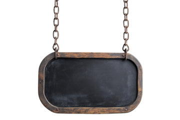 Vintage black chalkboard sign hanging on chains, isolated against a white background with a clipping path, top view