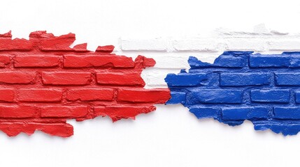 Flags of NATO and Russia blend on an old brick wall, symbolizing conflict and international tension in a global context