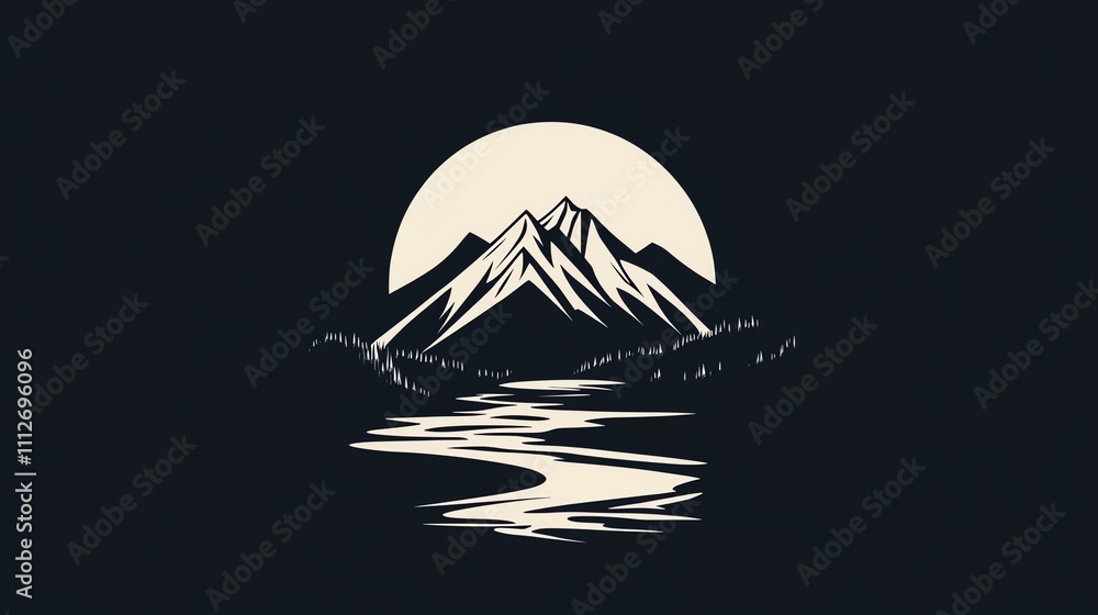 Poster silhouette of a mountain range with a river flowing through it and a moon in the background.