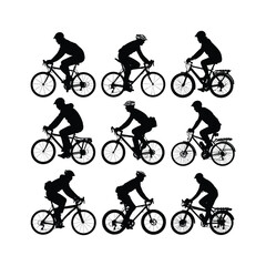 Fototapeta premium Cyclist Riding Bicycle Silhouett set Clipart on a white Background