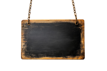 Vintage wooden blackboard sign hanging on a chain, isolated against a transparent white background