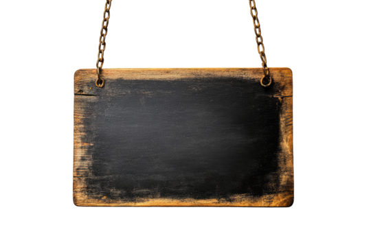 Vintage wooden blackboard sign hanging on a chain, isolated against a transparent white background