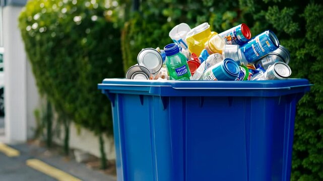 Close-up of a blue recycling bin filled with mixed materials