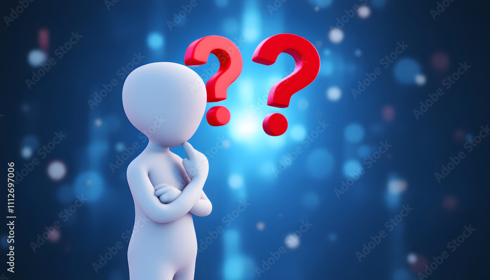 Poster a 3d-rendered figure in a thinking pose with red question marks floating around, set against a blurr