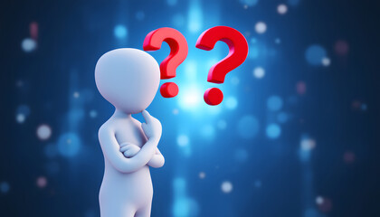 A 3D-rendered figure in a thinking pose with red question marks floating around, set against a blurry blue background with glowing light effects.