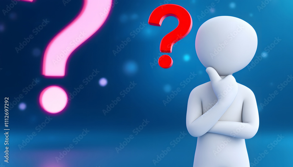 Aufkleber a 3d-rendered figure in a thinking pose with red question marks floating around, set against a blurr