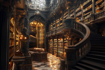 Fototapeta premium A grand library inside a floating castle with endless shelves, mystical lights, and intricate architecture