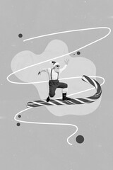 Vertical collage picture of excited funky grandfather santa flying big candy cane stick isolated on...