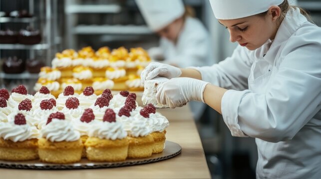 Pastry chef delicately decorating raspberry cakes in a professional kitchen