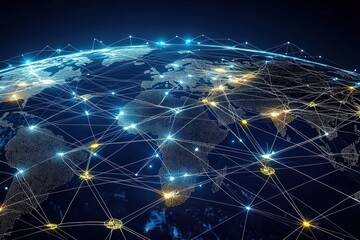 Global business network visualization with telecommunication links connecting continents