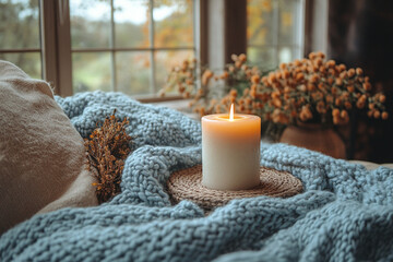 Cozy Autumn Scene Featuring A Lit Candle On Knitted Blanket