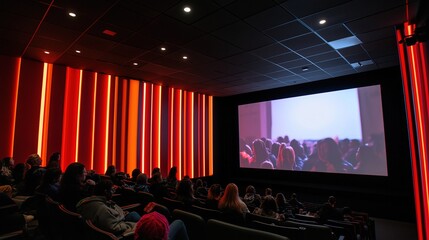 Film on a theater screen with audiences watching. Engaging and immersive cinematic experience shared by diverse group of viewers.