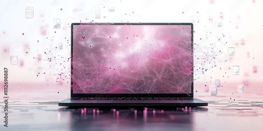Poster modern laptop displaying data visualization connected to digital networks in a creative workspace