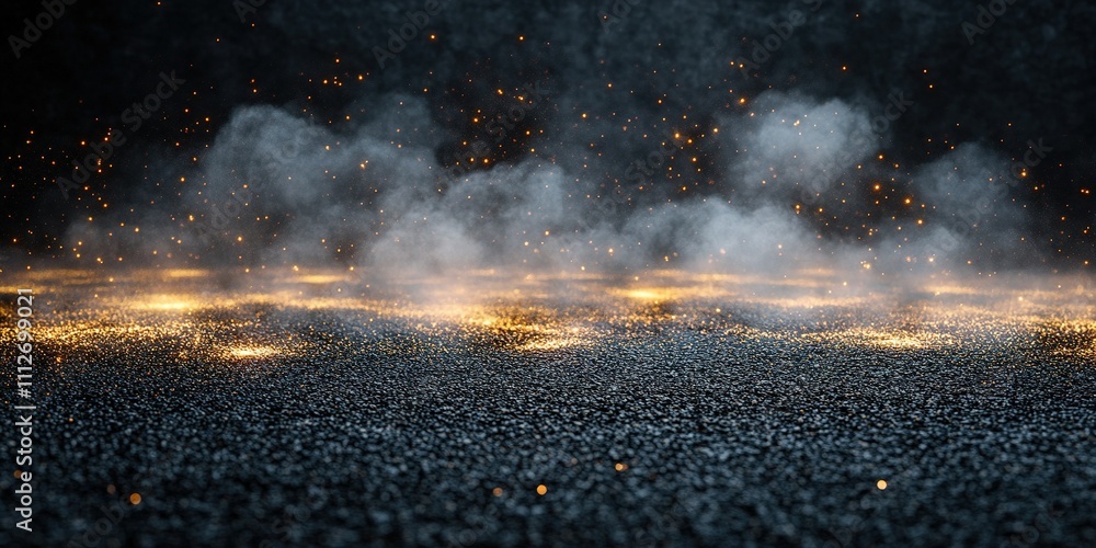 Poster sparkling dust and smoke create a mysterious atmosphere in a dimly lit environment