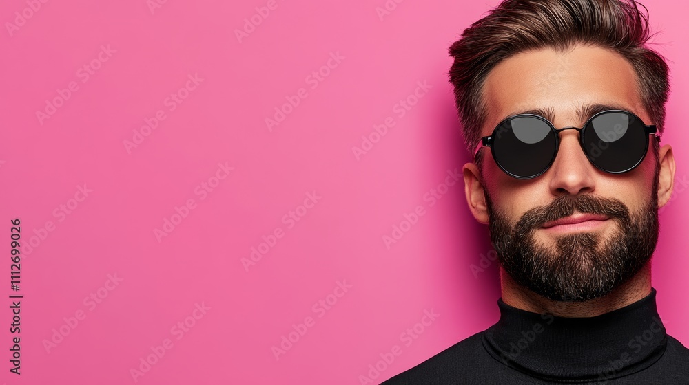 Poster man with a beard and sunglasses is standing in front of a pink background. concept of confidence and