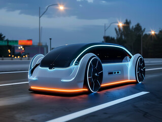Naklejka premium Autonomous vehicle development showcases futuristic design on urban roads at dusk for innovative transportation solutions