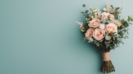 A soft bouquet of blush roses and greenery against a mint backdrop, perfect for weddings or celebrations.