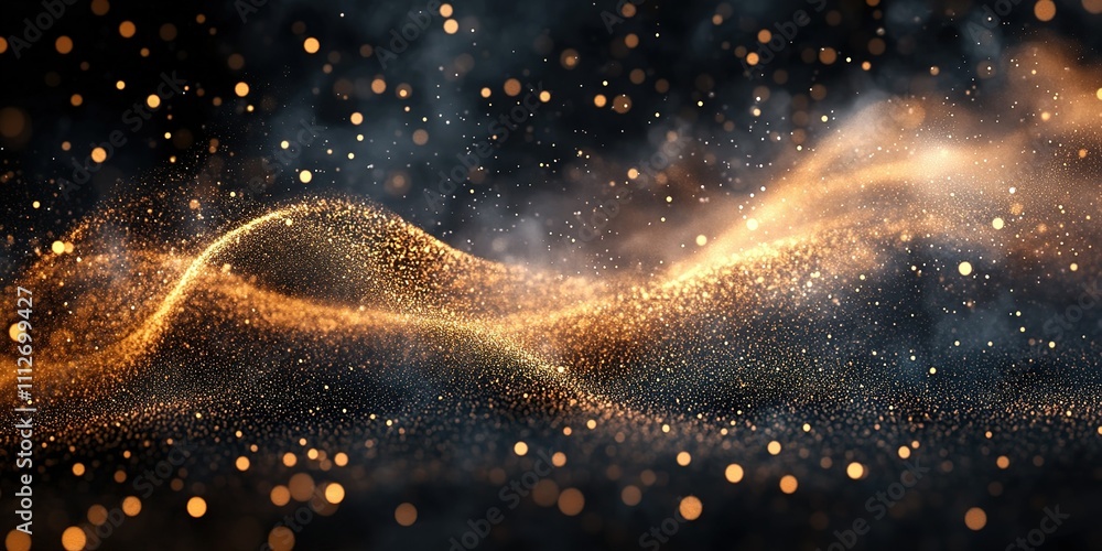 Poster glistening golden particles swirl in a captivating display of light and motion in a darkened backdro