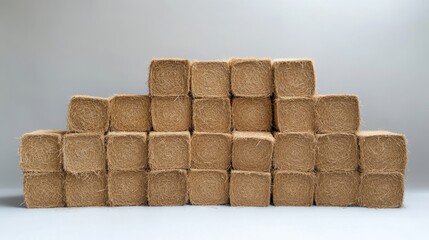 Fototapeta premium Multiple square straw bales stacked symmetrically on a clean white background, ideal for agricultural and rural concepts.