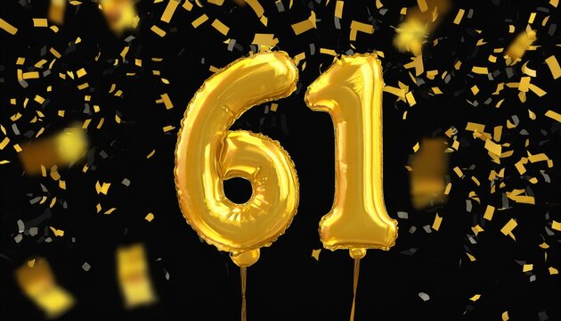 Yellow birthday / anniversary balloon, number 61, black background with confetti