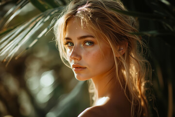 Fototapeta premium A woman with long blonde hair standing in front of a palm tree