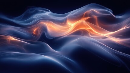 Colorful wisps of light blend together in flowing patterns of blue and orange against a dark background