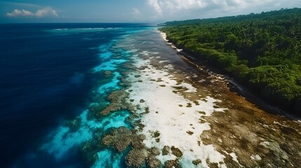 Fototapeta premium Vibrant coral reef along a tropical coastline with lush greenery under a bright blue sky