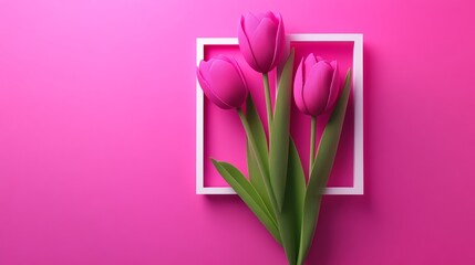 Beautiful arrangement of three pink flowers is displayed in a white frame on a pink background. The flowers are arranged in a way that they are all facing the same direction